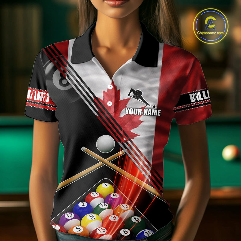 Canada Flag Custom Billiard Polo & 1/4 Zip Shirt For Women, Patriotic 8 Ball Pool Team Jersey TDM6045