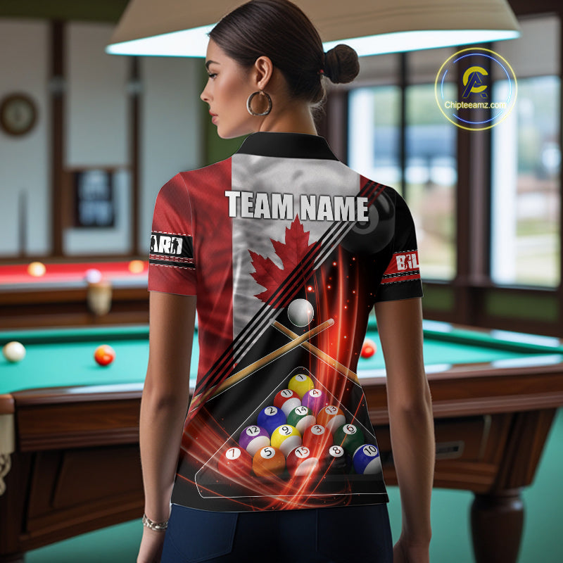 Canada Flag Custom Billiard Polo & 1/4 Zip Shirt For Women, Patriotic 8 Ball Pool Team Jersey TDM6045