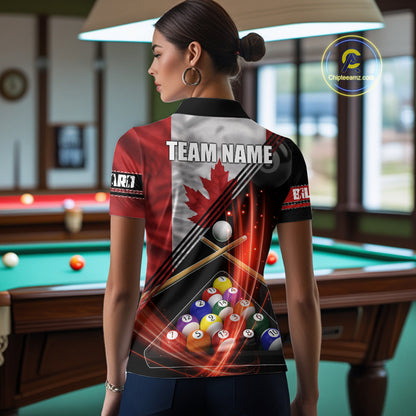 Canada Flag Custom Billiard Polo & 1/4 Zip Shirt For Women, Patriotic 8 Ball Pool Team Jersey TDM6045