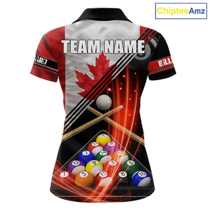 Canada Flag Custom Billiard Polo & 1/4 Zip Shirt For Women, Patriotic 8 Ball Pool Team Jersey TDM6045
