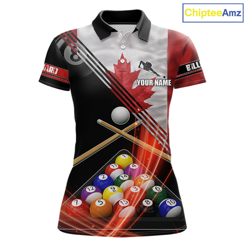 Canada Flag Custom Billiard Polo & 1/4 Zip Shirt For Women, Patriotic 8 Ball Pool Team Jersey TDM6045