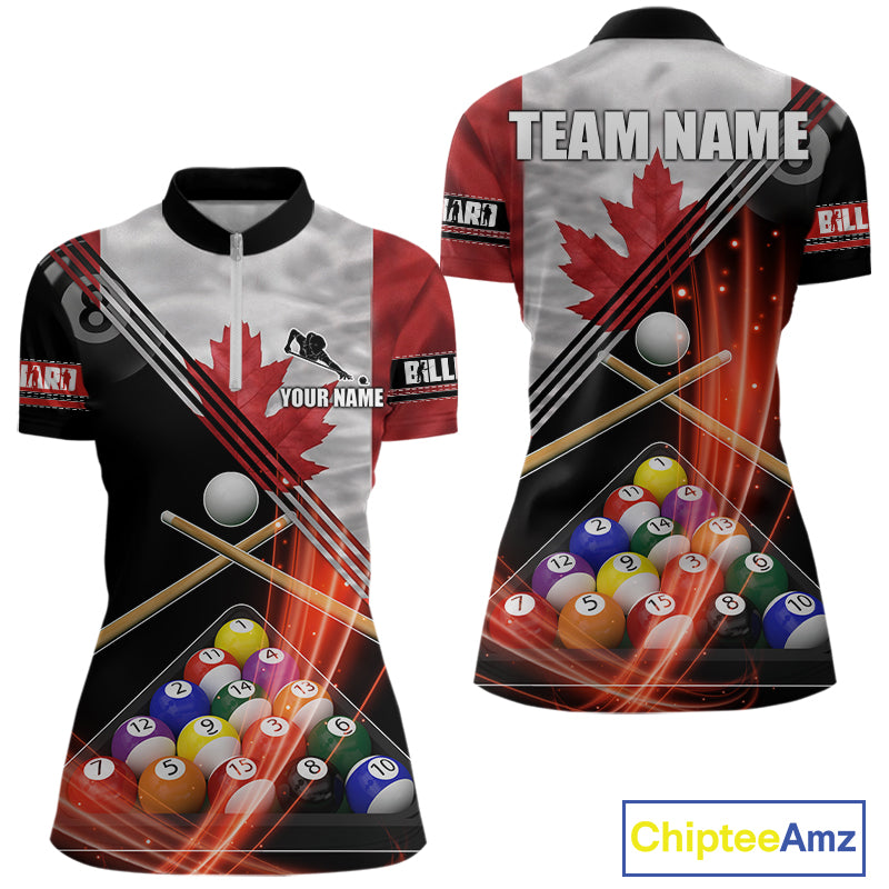 Canada Flag Custom Billiard Polo & 1/4 Zip Shirt For Women, Patriotic 8 Ball Pool Team Jersey TDM6045