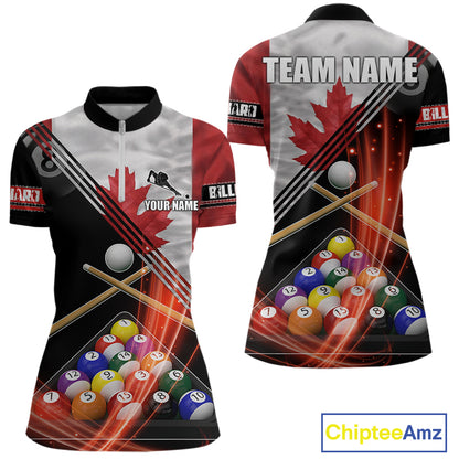 Canada Flag Custom Billiard Polo & 1/4 Zip Shirt For Women, Patriotic 8 Ball Pool Team Jersey TDM6045