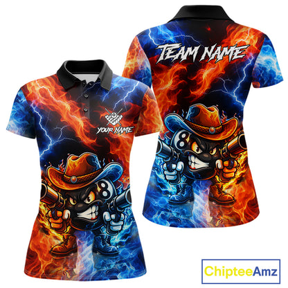 Blue And Orange Funny 8 Ball Flame Billiard Shirt For Women, Pool Team Jersey Polo & 1/4 Zip TDM6051
