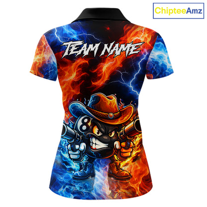 Blue And Orange Funny 8 Ball Flame Billiard Shirt For Women, Pool Team Jersey Polo & 1/4 Zip TDM6051
