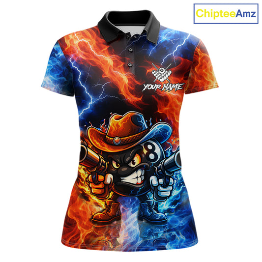 Blue And Orange Funny 8 Ball Flame Billiard Shirt For Women, Pool Team Jersey Polo & 1/4 Zip TDM6051