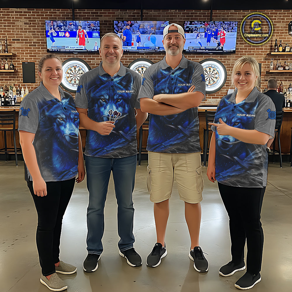 Personalized Wolf Lightning Darts Shirt For Women, Darts Team Jersey Polo & 1/4 Zip |Blue TDM6305