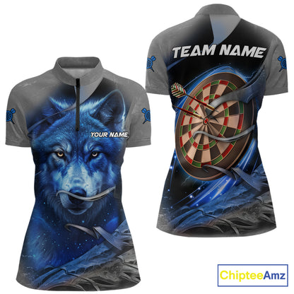Personalized Wolf Lightning Darts Shirt For Women, Darts Team Jersey Polo & 1/4 Zip |Blue TDM6305