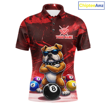 Funny Bulldog Pool Balls Billiard Shirt For Men Custom Billiard Team Jersey Polo & 1/4 Zip |Red TDM6477