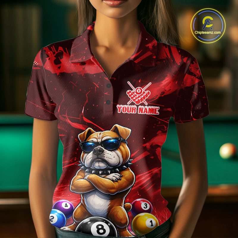 Funny Bulldog Pool Balls Billiard Shirt For Women Custom Billiard Team Jersey Polo & 1/4 Zip |Red TDM6477