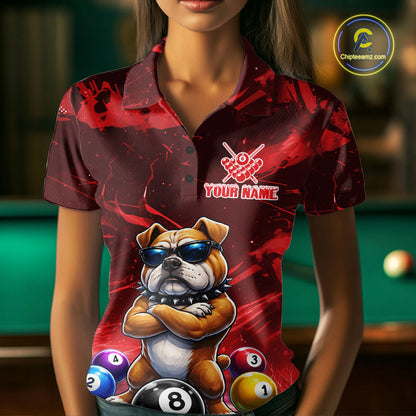 Funny Bulldog Pool Balls Billiard Shirt For Women Custom Billiard Team Jersey Polo & 1/4 Zip |Red TDM6477