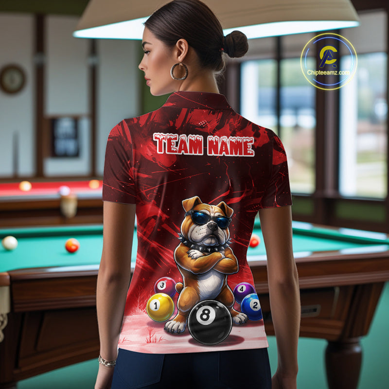 Funny Bulldog Pool Balls Billiard Shirt For Women Custom Billiard Team Jersey Polo & 1/4 Zip |Red TDM6477