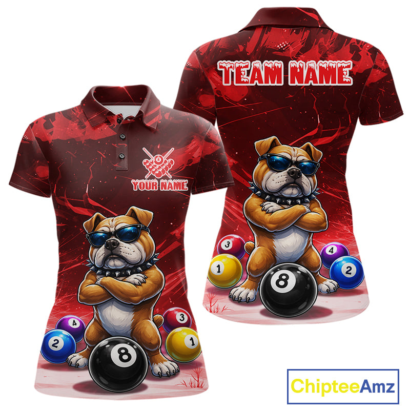 Funny Bulldog Pool Balls Billiard Shirt For Women Custom Billiard Team Jersey Polo & 1/4 Zip |Red TDM6477