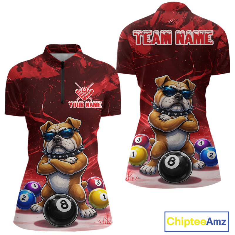 Funny Bulldog Pool Balls Billiard Shirt For Women Custom Billiard Team Jersey Polo & 1/4 Zip |Red TDM6477