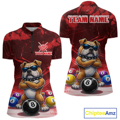 Funny Bulldog Pool Balls Billiard Shirt For Women Custom Billiard Team Jersey Polo & 1/4 Zip |Red TDM6477