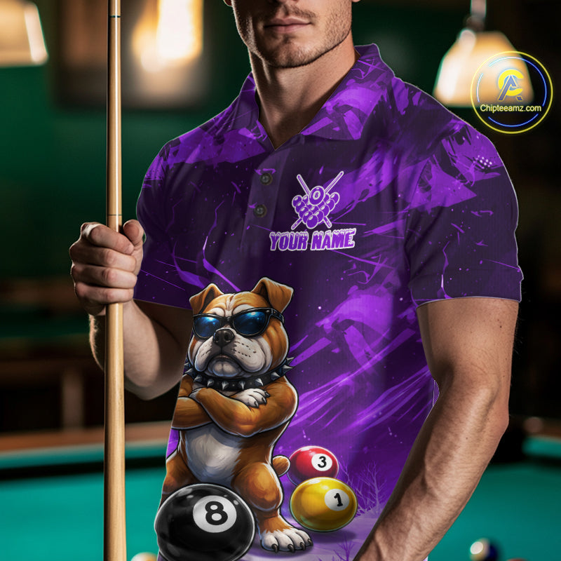 Funny Bulldog Pool Balls Billiard Shirt For Men Custom Billiard Team Jersey Polo & 1/4 Zip |Purple TDM6478