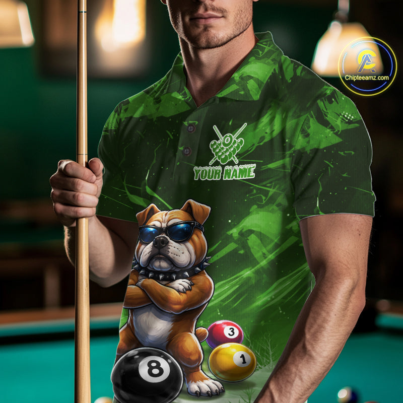 Funny Bulldog Pool Balls Billiard Shirt For Men Custom Billiard Team Jersey Polo & 1/4 Zip |Green TDM6479