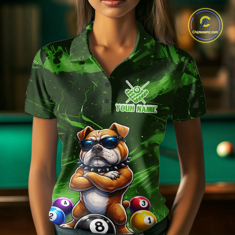 Funny Bulldog Pool Balls Billiard Shirt For Women Custom Billiard Team Jersey Polo & 1/4 Zip |Green TDM6479