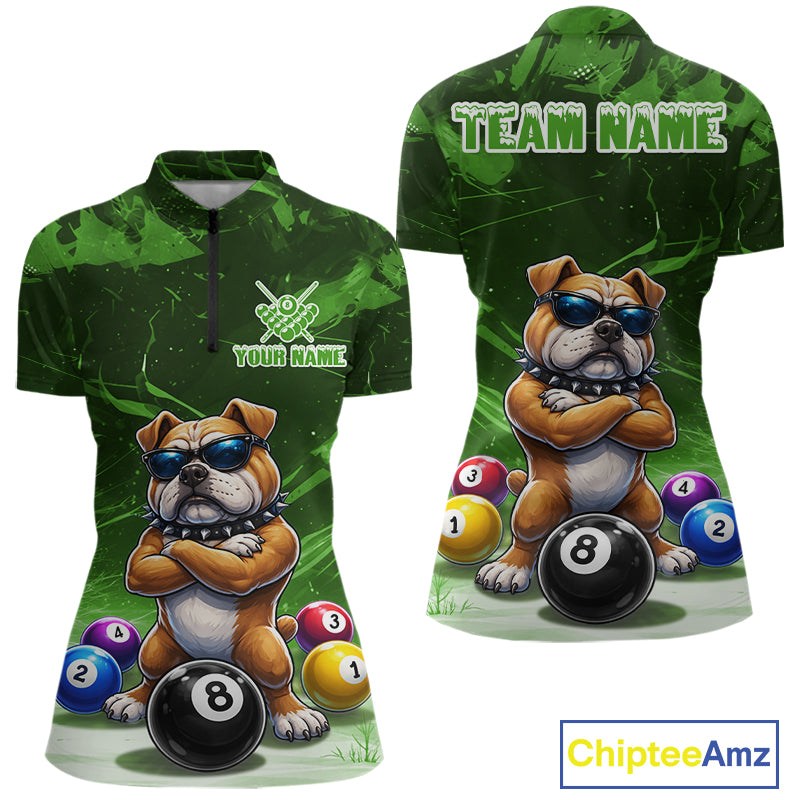 Funny Bulldog Pool Balls Billiard Shirt For Women Custom Billiard Team Jersey Polo & 1/4 Zip |Green TDM6479