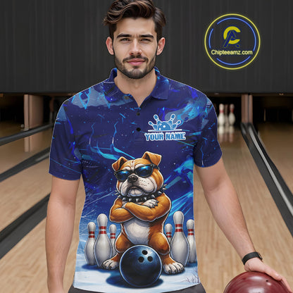 Personalized Blue Funny Bulldog Bowling Shirt For Men Custom Bowling Team Jersey Polo & 1/4 Zip TDM6480