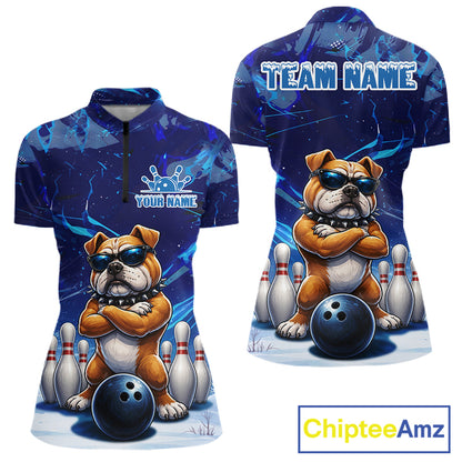 Personalized Blue Funny Bulldog Bowling Shirt For Women Custom Bowling Team Jersey Polo & 1/4 Zip TDM6480