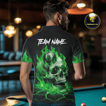 Back view of man wearing a green flaming skull 8 ball pool shirt in a billiards hall.