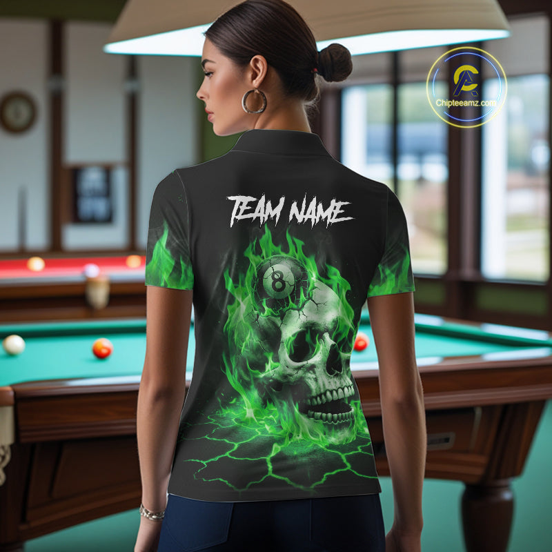 Back view of woman wearing a green flaming skull 8 ball pool shirt in a billiards hall.