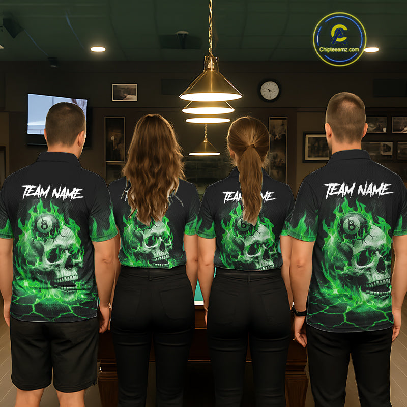 Back view of pool players wearing matching green flaming skull billiard shirts in a game room.