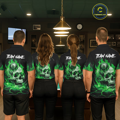 Back view of pool players wearing matching green flaming skull billiard shirts in a game room.