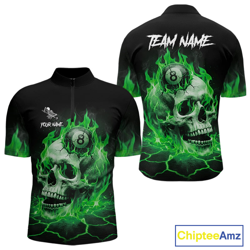 Green flaming skull 8 ball billiard quarter zip shirt for men built for tournaments and league competition.