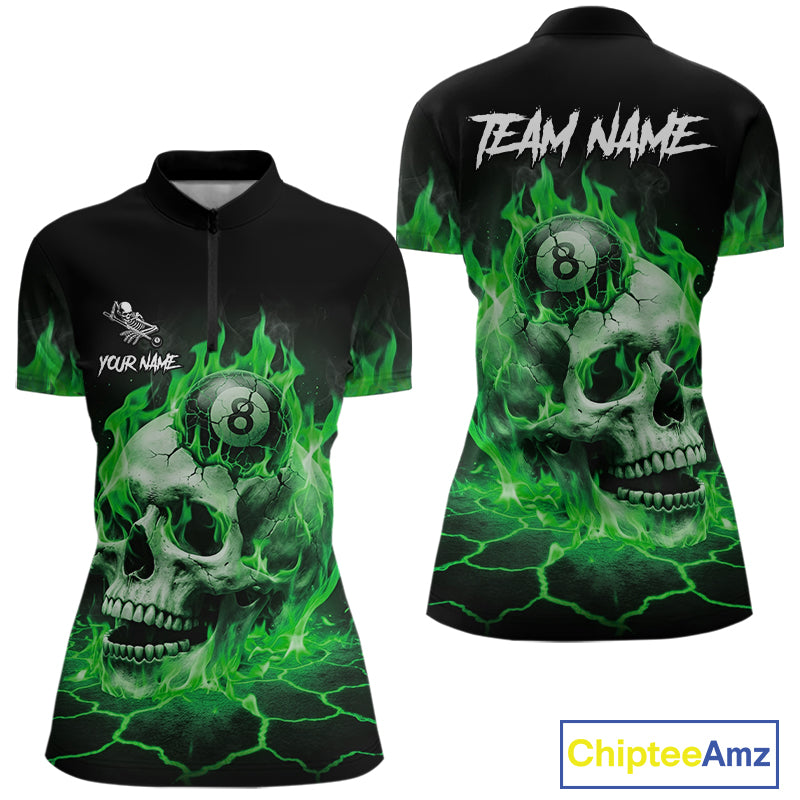 Green flaming skull 8 ball billiard quarter zip shirt for women built for tournaments and league competition.