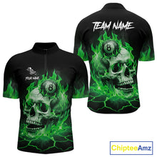 Load image into Gallery viewer, Green flaming skull 8 ball billiard quarter zip shirt for men built for tournaments and league competition.