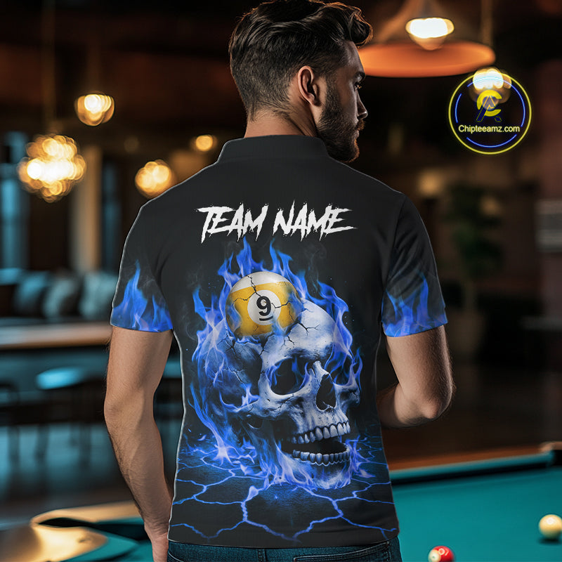 Back view of man wearing a blue flaming skull pool shirt in a billiards hall.