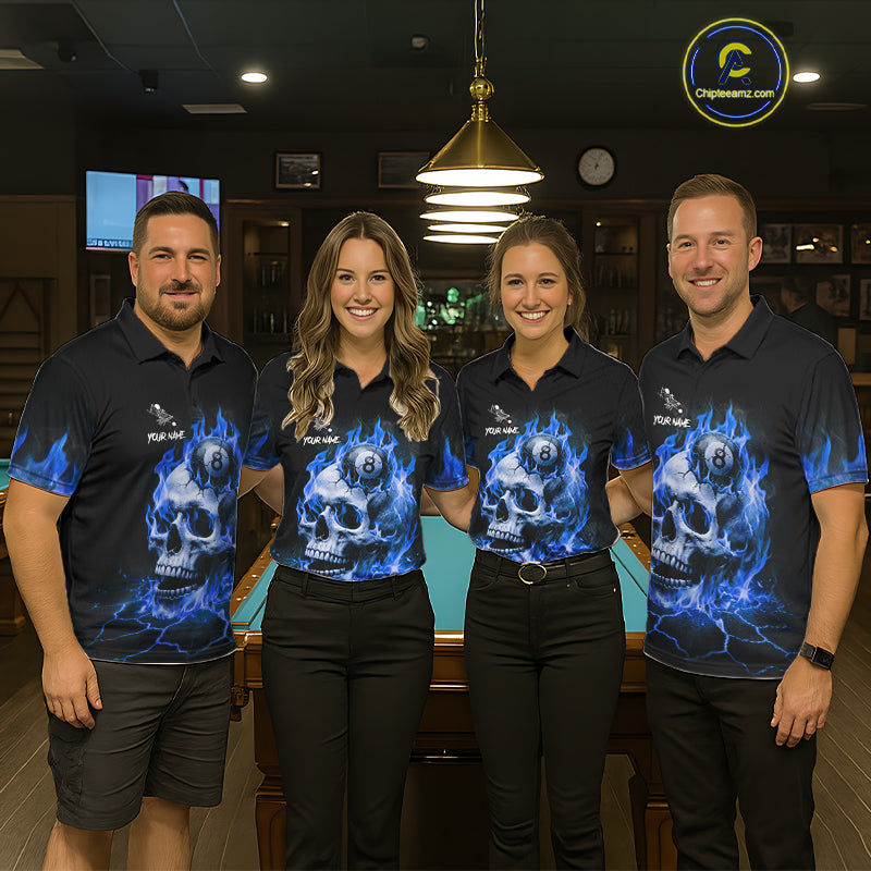 Pool team wearing matching blue flaming skull 8 ball and 9 ball billiard jerseys during league matches front view.