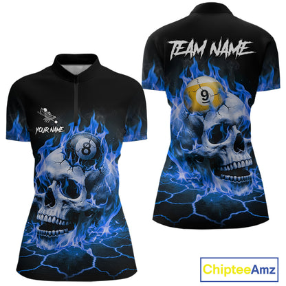 Blue flaming skull 8 ball and 9 ball billiard quarter zip shirt for women designed for league tournaments and team events.
