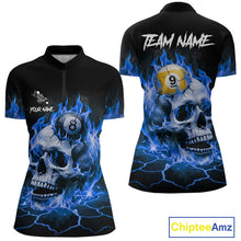 Load image into Gallery viewer, Blue flaming skull 8 ball and 9 ball billiard quarter zip shirt for women designed for league tournaments and team events.