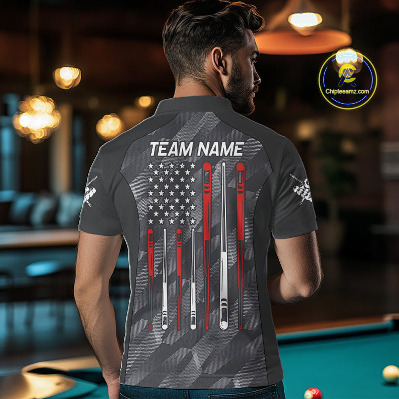 Back view of man wearing a metal grey American flag 8 ball pool shirt in a billiards hall.