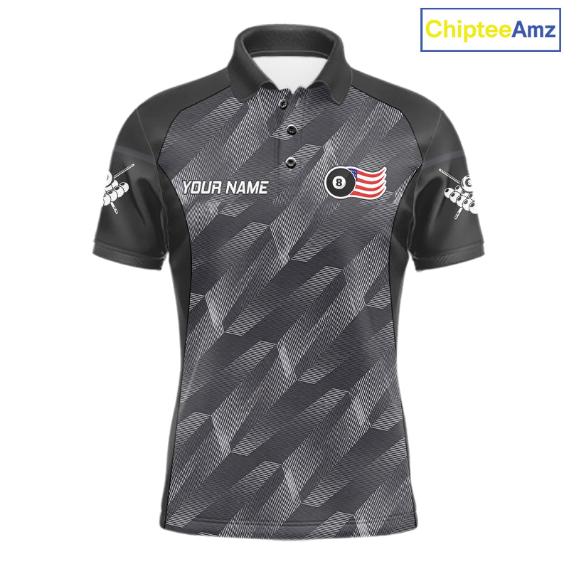 Metal grey American flag 8 ball billiard polo shirt for men with patriotic pool team graphics.