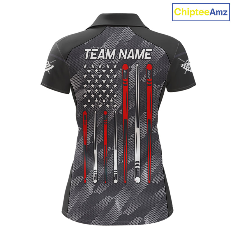 Metal grey American flag 8 ball billiard polo shirt for women with patriotic pool team graphics.
