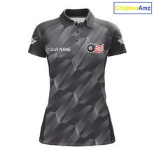 Load image into Gallery viewer, Metal grey American flag 8 ball billiard polo shirt for women with patriotic pool team graphics.