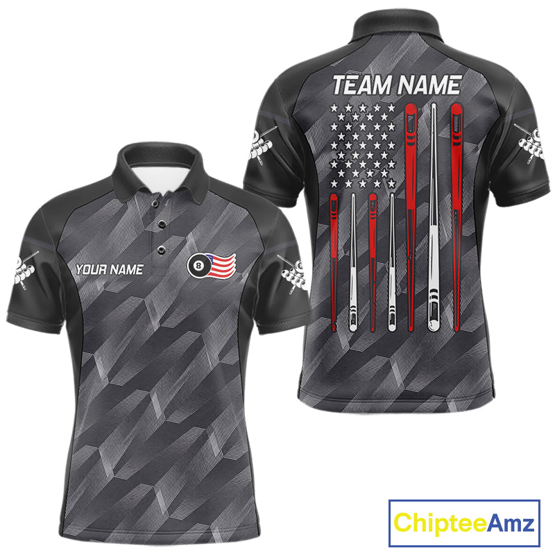 Metal grey American flag 8 ball billiard polo shirt for men with patriotic pool team graphics.