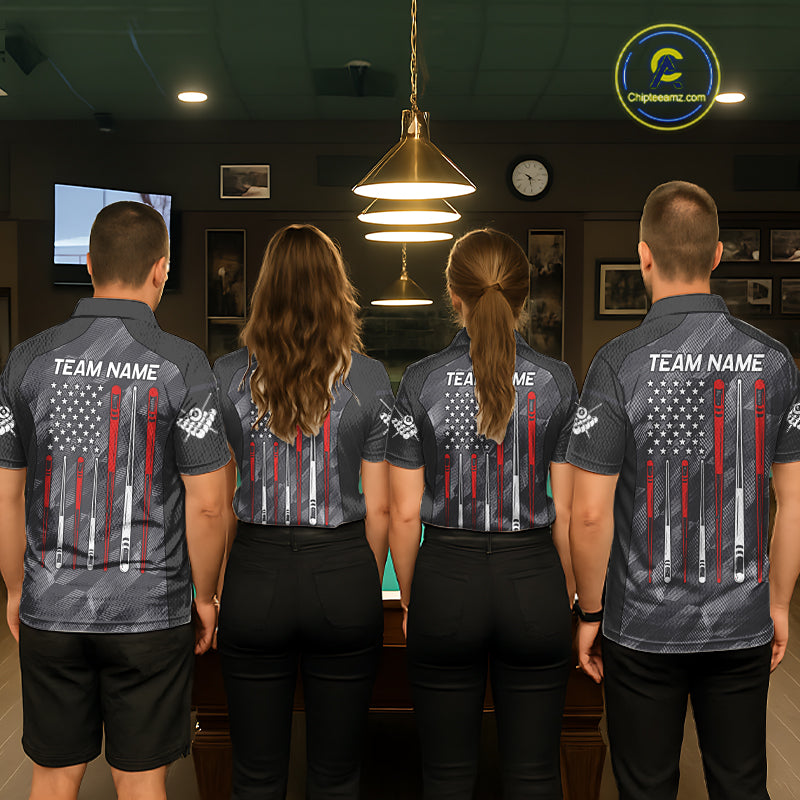 Back view of pool players wearing matching metal grey patriotic billiard shirts in a game room.
