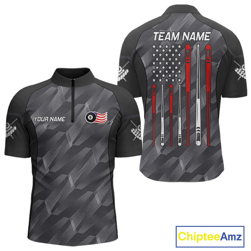 Metal grey American flag 8 ball billiard quarter zip shirt for men designed for league tournaments and team events.