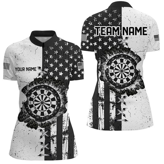 Personalized Black White Grunge US Flag Darts Shirts For Women Custom Patriotic Retro Darts Jerseys TDM1986
