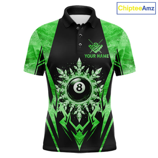 Black and green 8 ball pool icy billiard team jersey polo shirt for men featuring frozen ice effects and bold green highlights, premium custom pool league apparel for tournaments and league play.