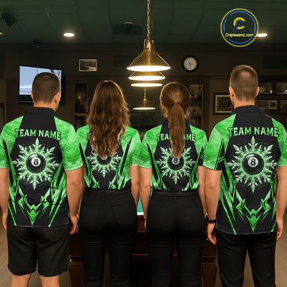 Billiard team wearing matching black and green icy 8 ball pool jerseys featuring the frozen artwork, back view.