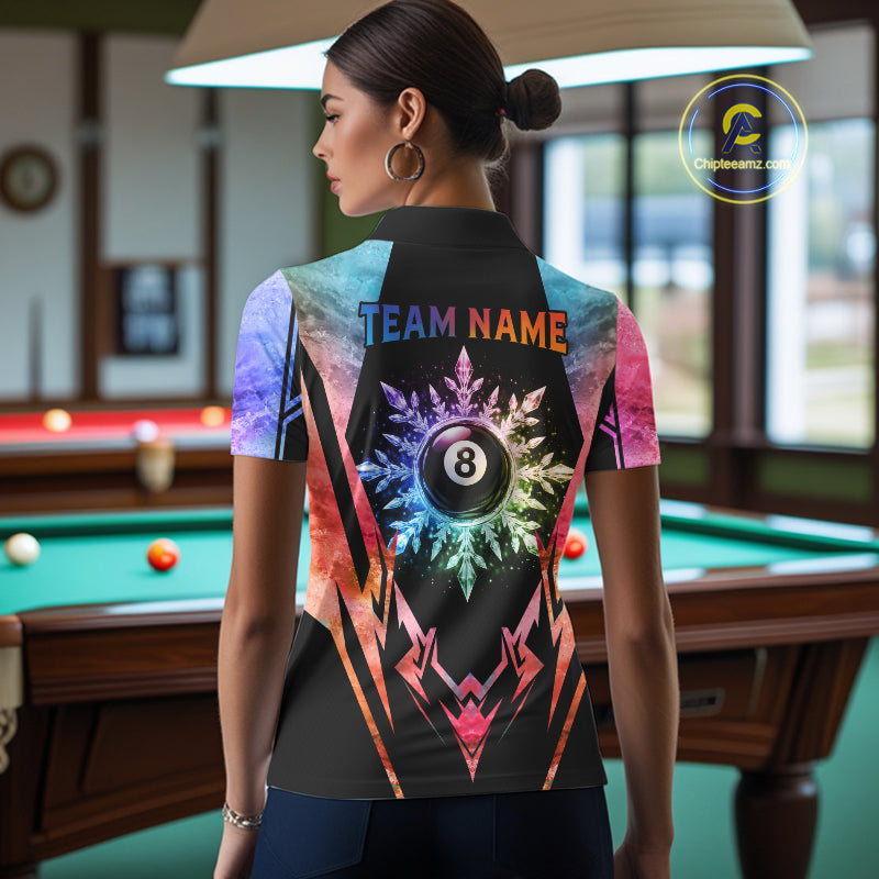 Woman wearing custom colorful 8 ball pool icy billiard team jersey polo shirt featuring the colorful icy 8 ball design, back view.