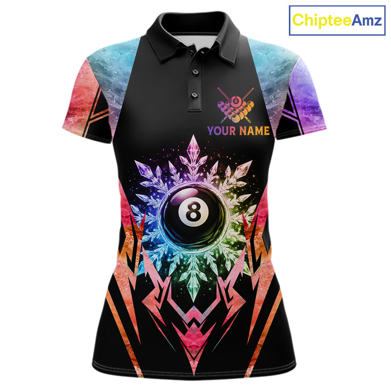 Custom colorful 8 ball pool icy billiard team jersey polo shirt for women featuring vibrant frozen ice artwork, premium pool league apparel for tournaments and competitive billiard players.