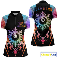 Load image into Gallery viewer, Custom colorful 8 ball pool icy billiard team jersey quarter zip shirt for women featuring colorful frozen 8 ball artwork and premium billiard league styling.