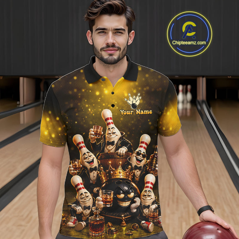 Yellow Funny Crown Bowling Ball Bourbon Vintage Bowling Shirts for Men Custom Bowling Team Jersey TDM7475